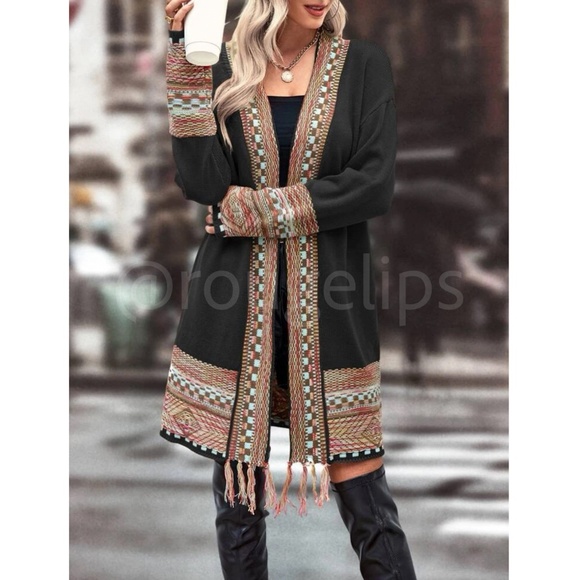 Black Cardigan Aztec Western Bohemian Print Knit Long Sleeve - Picture 7 of 16
